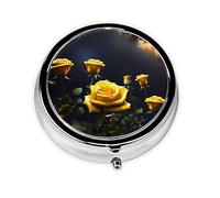 Portable on-The-go Pill Box, Beautiful Yellow Roses Round Pill Box, fits in Your Purse Pocket Lightweight 3 Compartment Pill Box,