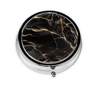 Portable on-The-go Pill Box, Black Gold Marble Round Pill Box, fits in Your Purse Pocket Lightweight 3 Compartment Pill Box,