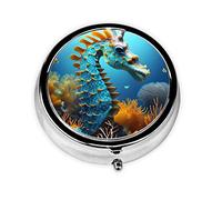 Portable on-The-go Pill Box, Blue Seahorse Round Pill Box, fits in Your Purse Pocket Lightweight 3 Compartment Pill Box,