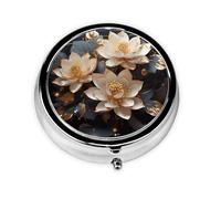 Portable on-The-go Pill Box, Bohemian Golden Lotus Round Pill Box, fits in Your Purse Pocket Lightweight 3 Compartment Pill Box,