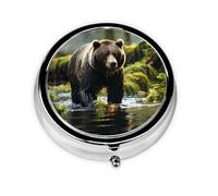 Portable on-The-go Pill Box, Brown Bear Pounce Round Pill Box, fits in Your Purse Pocket Lightweight 3 Compartment Pill Box,