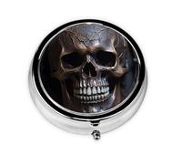 Portable on-The-go Pill Box, Copper-Colored Skull Round Pill Box, fits in Your Purse Pocket Lightweight 3 Compartment Pill Box,