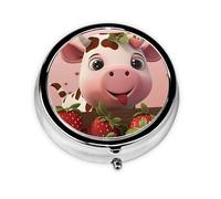 Portable on-The-go Pill Box, Cows and Strawberries Round Pill Box, fits in Your Purse Pocket Lightweight 3 Compartment Pill Box,