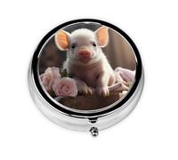 Portable on-The-go Pill Box, Cute Young Pig Round Pill Box, fits in Your Purse Pocket Lightweight 3 Compartment Pill Box,