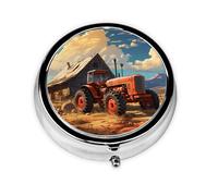 Portable on-The-go Pill Box, Farm Red Tractor Round Pill Box, fits in Your Purse Pocket Lightweight 3 Compartment Pill Box,
