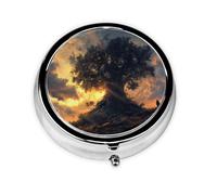 Portable on-The-go Pill Box, Giant Tree at Dusk Round Pill Box, fits in Your Purse Pocket Lightweight 3 Compartment Pill Box,