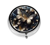 Portable on-The-go Pill Box, Gold White Butterflies Black Round Pill Box, fits in Your Purse Pocket Lightweight 3 Compartment Pill Box,