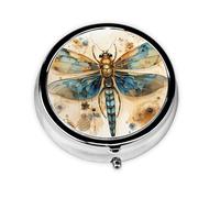 Portable on-The-go Pill Box, Golden Delicate Dragonfly on Yellow Background Round Pill Box, fits in Your Purse Pocket Lightweight 3 Compartment Pill Box,