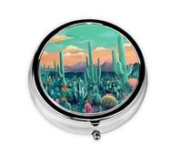 Portable on-The-go Pill Box, Green Cactus Desert Round Pill Box, fits in Your Purse Pocket Lightweight 3 Compartment Pill Box,