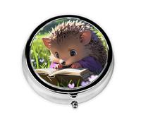 Portable on-The-go Pill Box, Hedgehog Reading Seriously Round Pill Box, fits in Your Purse Pocket Lightweight 3 Compartment Pill Box,