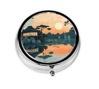 Portable on-The-go Pill Box, Japanese Illustration Round Pill Box, fits in Your Purse Pocket Lightweight 3 Compartment Pill Box,