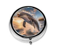 Portable on-The-go Pill Box, Jumping Dolphin Round Pill Box, fits in Your Purse Pocket Lightweight 3 Compartment Pill Box,