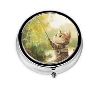 Portable on-The-go Pill Box, Kitten Fishing Round Pill Box, fits in Your Purse Pocket Lightweight 3 Compartment Pill Box,