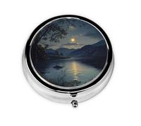 Portable on-The-go Pill Box, Lakeside at Night Round Pill Box, fits in Your Purse Pocket Lightweight 3 Compartment Pill Box,