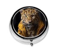Portable on-The-go Pill Box, Leopard in a Leather Jacket Round Pill Box, fits in Your Purse Pocket Lightweight 3 Compartment Pill Box,