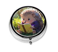 Portable on-The-go Pill Box, Little Hedgehog Reading Round Pill Box, fits in Your Purse Pocket Lightweight 3 Compartment Pill Box,