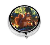 Portable on-The-go Pill Box, Little Squirrel Picking Pine Cones Round Pill Box, fits in Your Purse Pocket Lightweight 3 Compartment Pill Box,