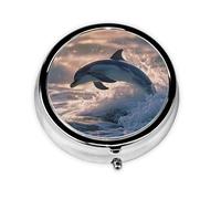 Portable on-The-go Pill Box, Lively Dolphins Round Pill Box, fits in Your Purse Pocket Lightweight 3 Compartment Pill Box,