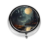 Portable on-The-go Pill Box, Moon Stars and Planets Round Pill Box, fits in Your Purse Pocket Lightweight 3 Compartment Pill Box,