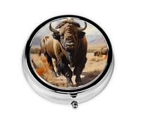 Portable on-The-go Pill Box, North American Bison Herd Round Pill Box, fits in Your Purse Pocket Lightweight 3 Compartment Pill Box,