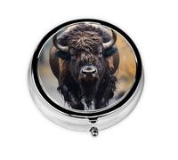 Portable on-The-go Pill Box, North American Bison Round Pill Box, fits in Your Purse Pocket Lightweight 3 Compartment Pill Box,