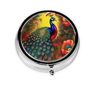 Portable on-The-go Pill Box, Peacock Flowers Round Pill Box, fits in Your Purse Pocket Lightweight 3 Compartment Pill Box,