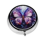 Portable on-The-go Pill Box, Purple Butterfly Flowers Round Pill Box, fits in Your Purse Pocket Lightweight 3 Compartment Pill Box,