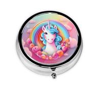 Portable on-The-go Pill Box, Rainbow Unicorn Round Pill Box, fits in Your Purse Pocket Lightweight 3 Compartment Pill Box,