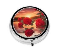 Portable on-The-go Pill Box, red Roses at Sunset Round Pill Box, fits in Your Purse Pocket Lightweight 3 Compartment Pill Box,