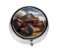 Portable on-The-go Pill Box, Red Tractor Round Pill Box, fits in Your Purse Pocket Lightweight 3 Compartment Pill Box,