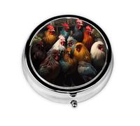 Portable on-The-go Pill Box, Rooster Family Portfolio Round Pill Box, fits in Your Purse Pocket Lightweight 3 Compartment Pill Box,