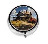 Portable on-The-go Pill Box, Texas Farm Tractor Round Pill Box, fits in Your Purse Pocket Lightweight 3 Compartment Pill Box,