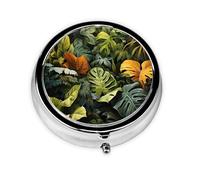 Portable on-The-go Pill Box, Tropical Rainforest Palm Leaves Round Pill Box, fits in Your Purse Pocket Lightweight 3 Compartment Pill Box,