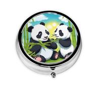 Portable on-The-go Pill Box, Two Happy Pandas Round Pill Box, fits in Your Purse Pocket Lightweight 3 Compartment Pill Box,