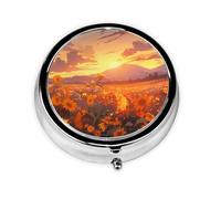 Portable on-The-go Pill Box, Yellow Sunflowers at Sunset Round Pill Box, fits in Your Purse Pocket Lightweight 3 Compartment Pill Box,