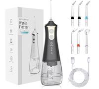 Portable Oral Rinse Water Flosser with 4 Modes 6 Nozzles 300Ml Ipx7 Waterproof Rechargeable Water Flosser for Oral Care(Black with 6 Extra Nozzels)