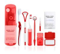 Portable Orthodontic Oral Care Kit - Orthodontic Dental Care Kit for Braces with Travel Case,Includes V/U-Shape Toothbrushes, Floss Threaders & Ortho Wax(Red)