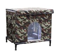 Portable Outdoor Cat Shelter, Elevated Camo Weatherproof House with Clear Window Door, 50x40x65cm Kitty Den (176 chars)