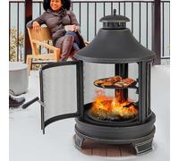 Portable Outdoor Fire Pit with Grill Metal Chiminea Spark Screen & PokerIdeal for Camping Backyard BBQ Garden Gatherings & Cozy Bonfire Nights