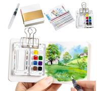 Portable Palette Pocket Artist Travel Set, 8-Grid 12 Colours Watercolour Palette With Metal Clip, Mini Watercolor Paint Sets, Travel Watercolour Set for Wooden Grid Paint Box Painters Artists (C)