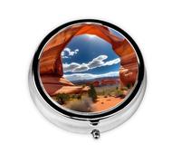 Portable Pill Box, 3 Compartment Round Daily Medicine Organizer for Pocket or Purse, Arches National Park Standard, Great for Morning, Noon and Evening Doses