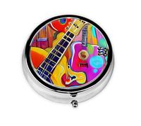 Portable Pill Box 3 Compartments, Round Daily Medicine Organizer for Pocket or Purse, Acoustic Color and Guitars Great for Morning, Noon and Night Dose