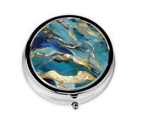 Portable Pill Box 3 Compartments, Round Daily Medicine Organizer for Pocket or Purse, Azurite Teal Blue and Gold Oil Marble Pattern Ideal for Morning, Noon and