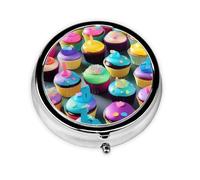 Portable Pill Box 3 Compartments, Round Daily Medicine Organizer for Pocket or Purse, Colorful Happy Birthday Cupcakes, Great for Morning, Noon and Evening Doses