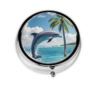 Portable Pill Box, 3 Compartments Round Daily Medicine Organizer for Pocket or Purse, Dolphins and Palm Trees, Great for Morning, Noon and Evening Doses