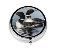 Portable Pill Box 3 Compartments, Round Daily Medicine Organizer for Pocket or Purse, Loon Birds Great for Morning, Noon and Evening Doses