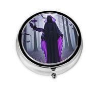 Portable Pill Box 3 Compartments, Round Daily Medicine Organizer for Pocket or Purse, Purple, Black, Gothic, Spooky, Great for Morning, Noon and Evening Doses