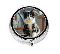 Portable Pill Box 3 Compartments, Round Daily Medicine Organizer for Pocket or Purse, Sitting Black and White Kitten Great for Morning, Noon and Evening Dose