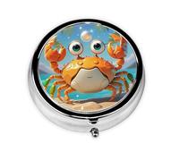 Portable Pill Box 3 Compartments, Round Daily Medicine Organizer for Pocket or Purse, Summer Cartoon Crab, Great for Morning, Noon and Evening Dose