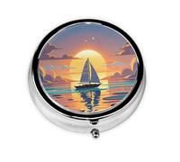 Portable Pill Box 3 Compartments, Round Daily Medicine Organizer for Pocket or Purse, Sunset and Sailboat, Great for Morning, Noon and Evening Dose